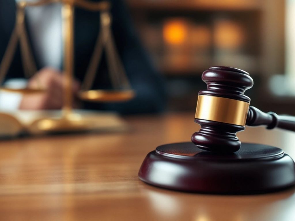 Ciocan de judecător pe un birou din sala de judecată.