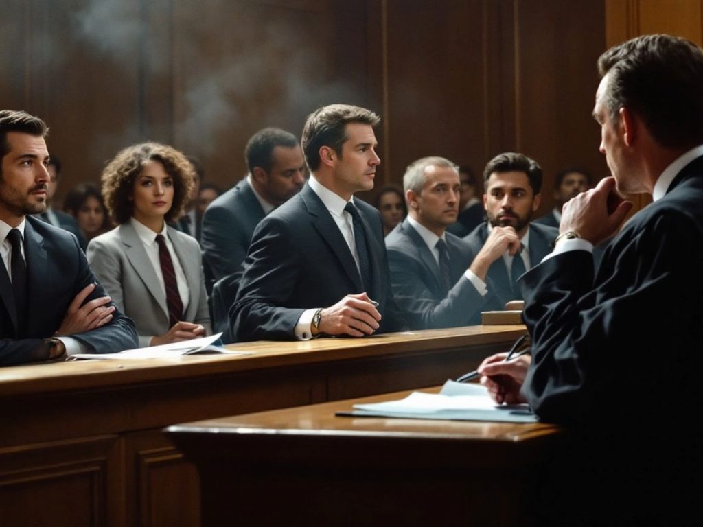 Scenă din sala de judecată cu judecător și avocați.