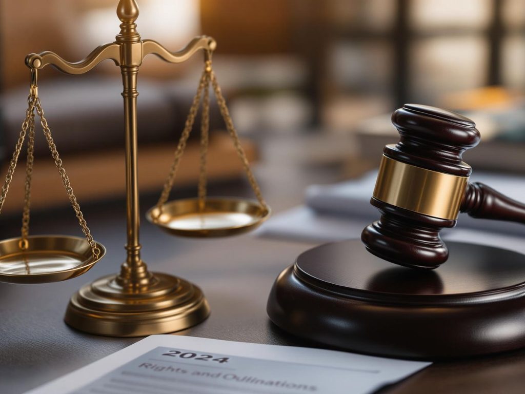 Scală echilibrată și ciocan în birou de drept.