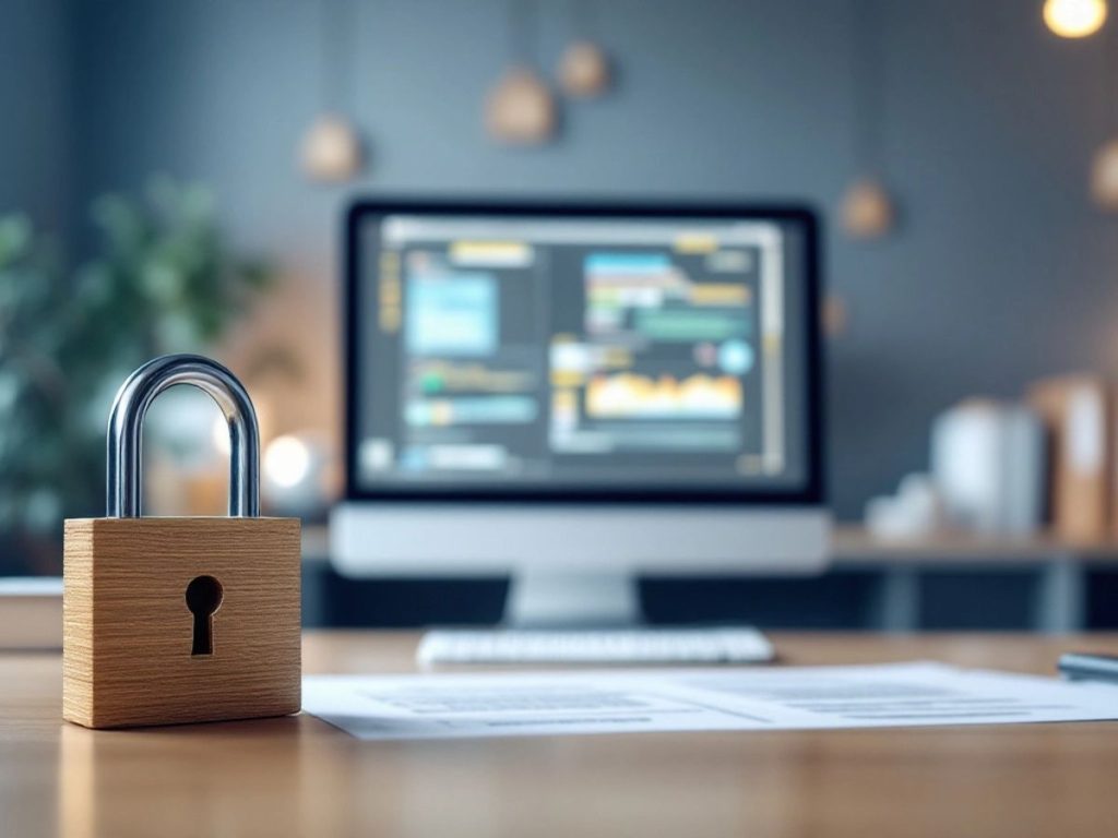 Birou modern cu accent pe protecția datelor personale.