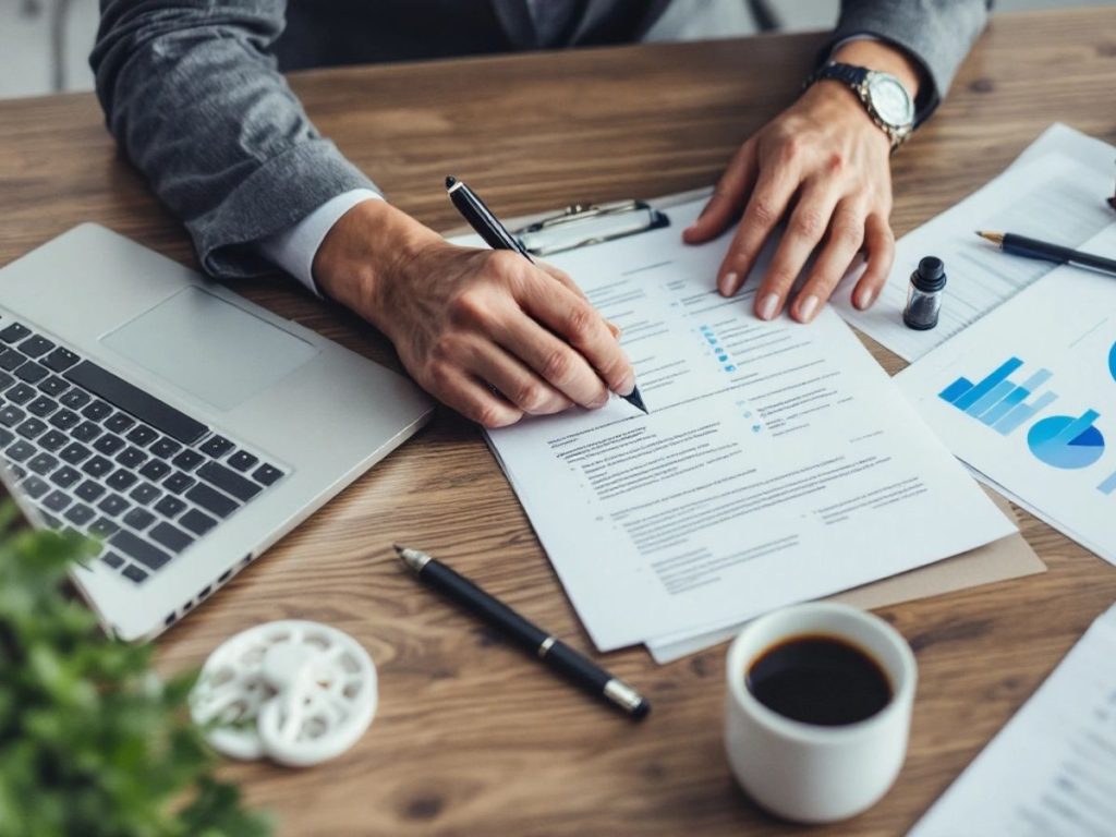 Profesional de afaceri analizând un document la birou.