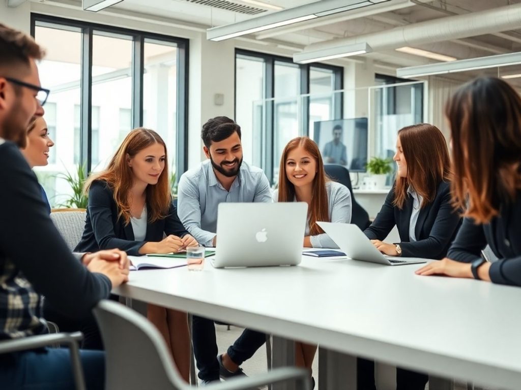 Angajați români colaborând într-un birou modern.