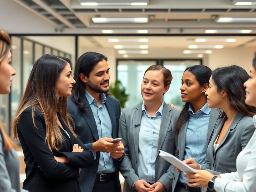 Angajați discutând într-un birou modern.