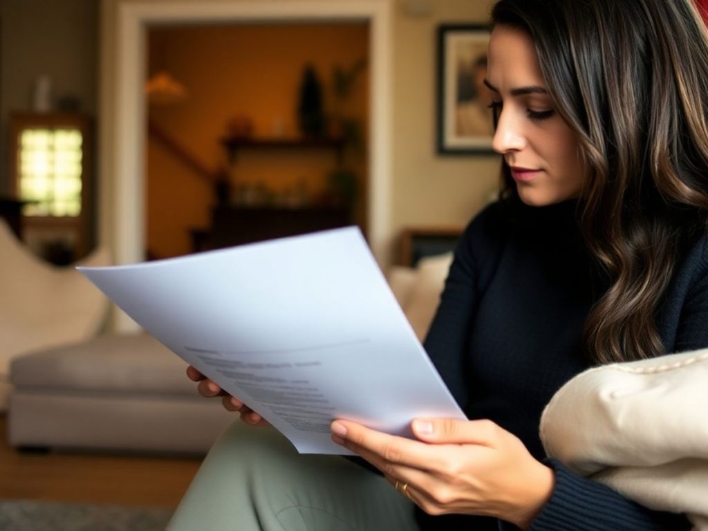 Chiriaș citind documente în interiorul unei locuințe.