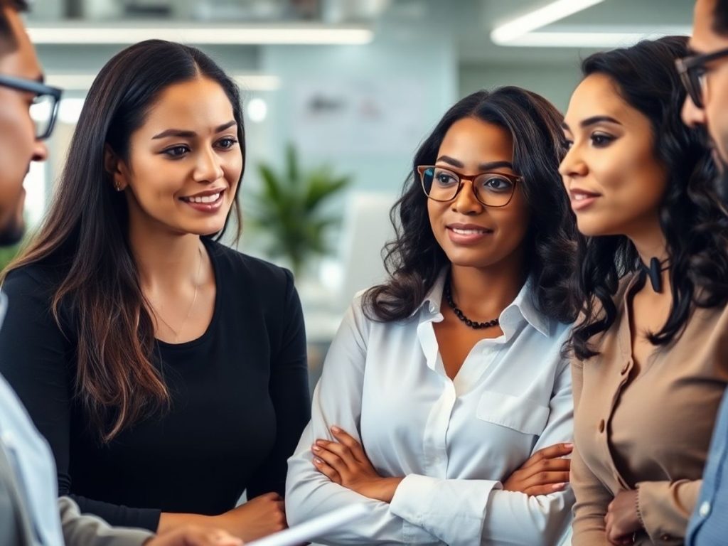 Grup divers de angajați în discuție la birou.