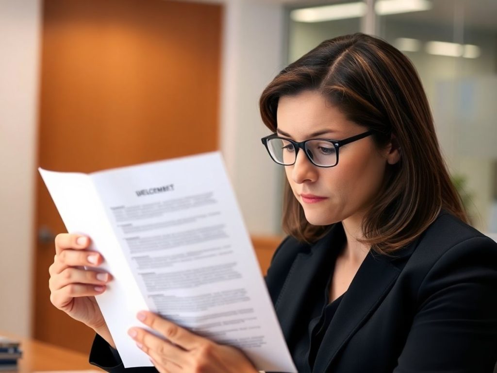 Persoană analizând un document legal în birou.