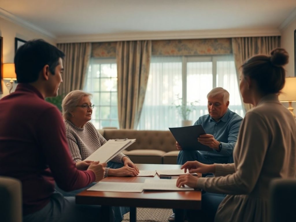 Familie discutând despre moșteniri în livingul călduros.
