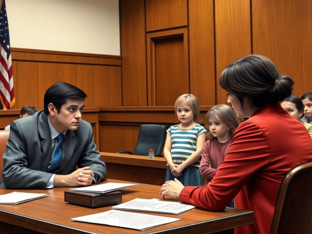 Părinți în instanță discutând despre custodia copiilor.