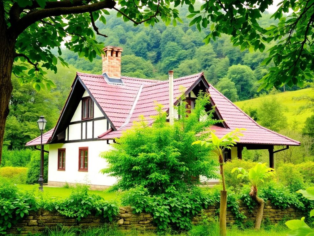 Casă tradițională românească în mijlocul naturii verzi.