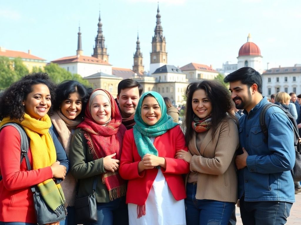 Persoane diverse interacționând în comunitate, simbolizând integrarea.