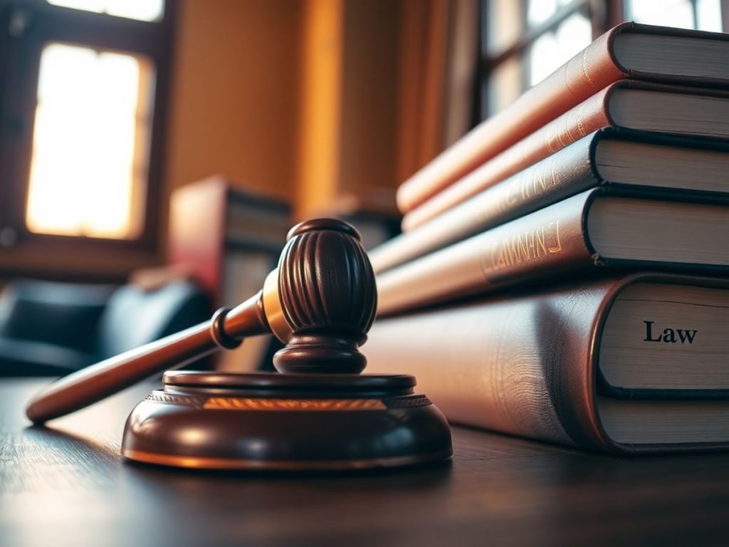 O balanță a justiției pe un birou de lemn.