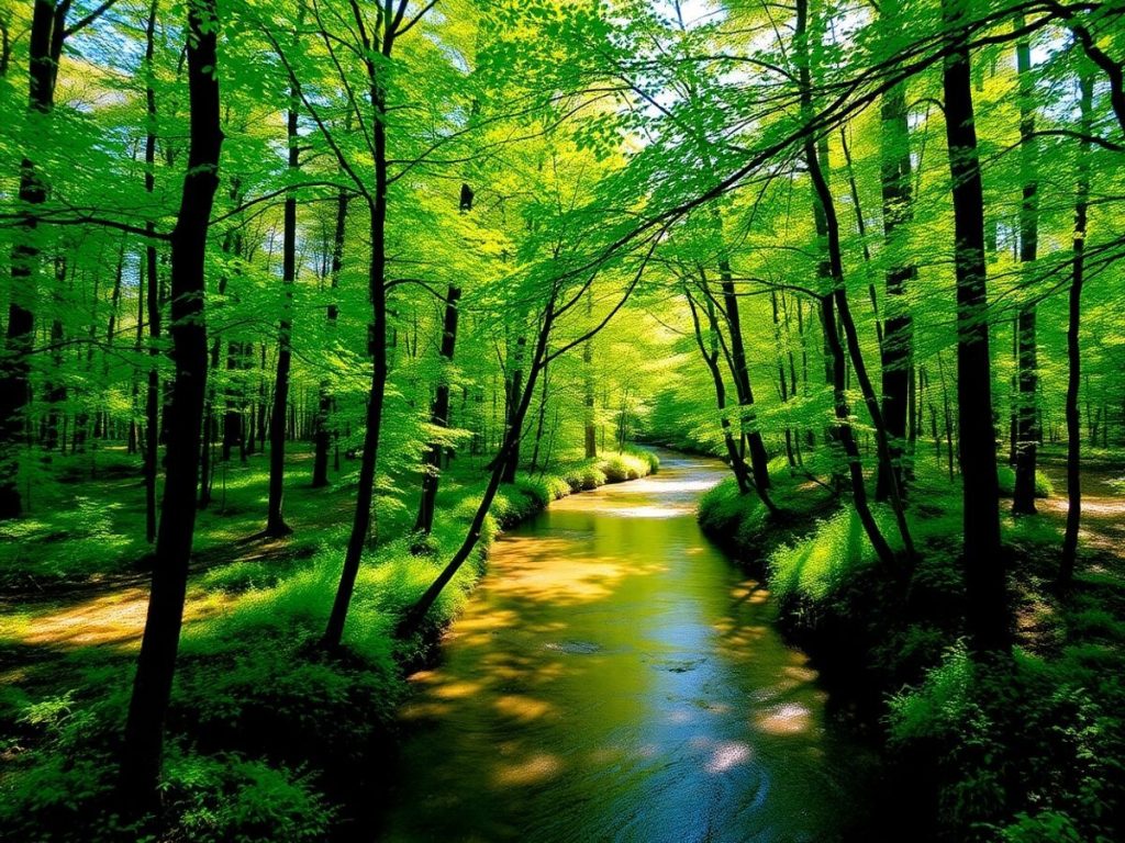 Pădure verde, râu curat, soare