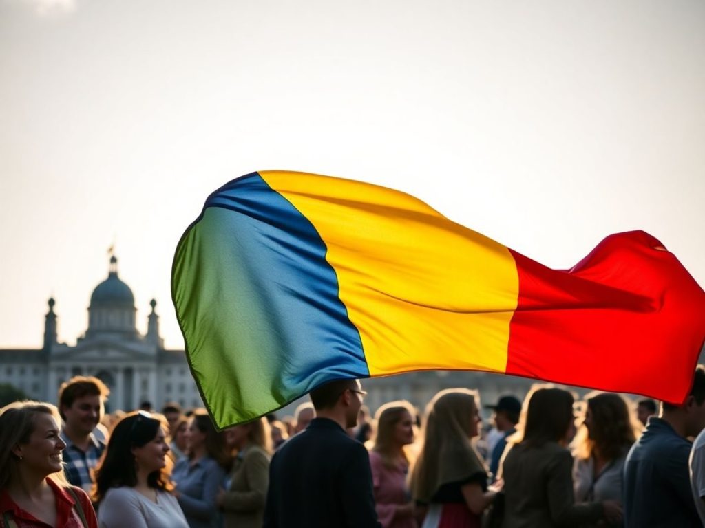 Drapel românesc cu oameni fericiți și clădiri guvernamentale.
