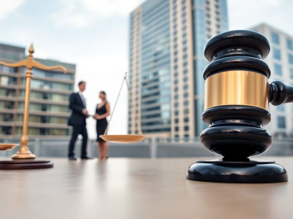 Balanță, ciocan, clădiri moderne, oameni de afaceri.