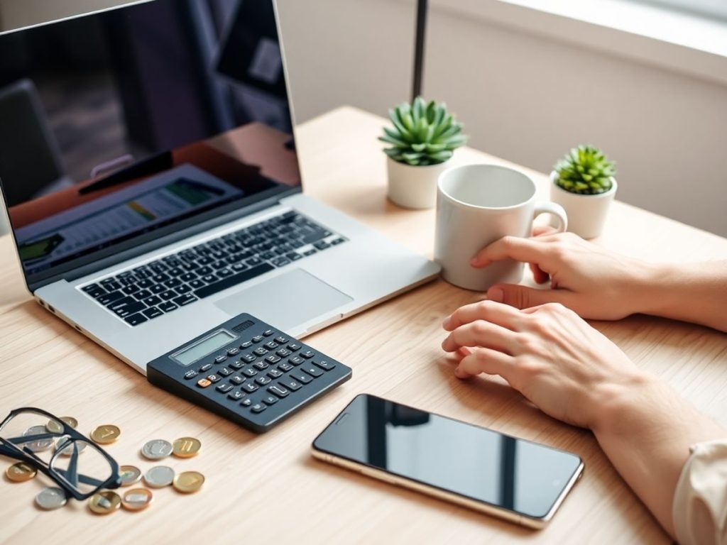 Mâini tastând pe laptop lângă calculator, monede, ceşti, stilou, smartphone.