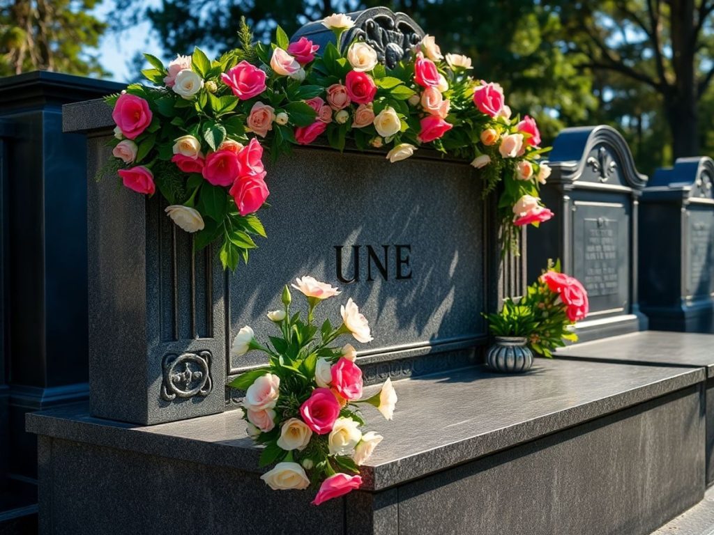 Piatră funerară bogat ornamentată cu flori elegante.