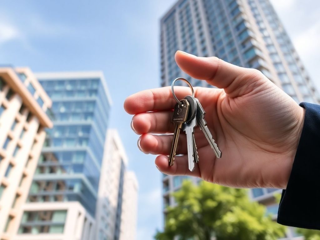 Clădiri moderne și o mână întinzând chei.