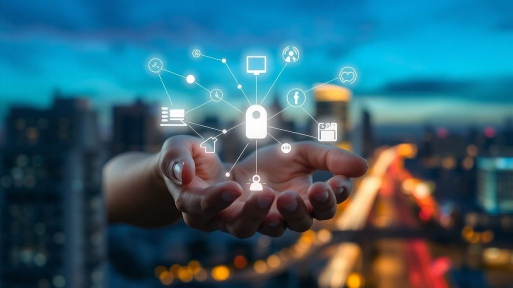 Rețea digitală conectând forme abstracte și icoane.