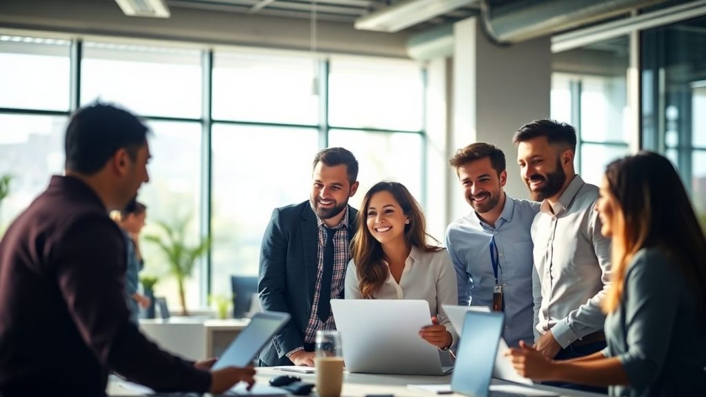 Angajați fericiți într-un birou luminos, colaborând.