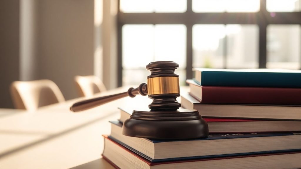 Gavel pe cărți de drept, lumină naturală, birou.