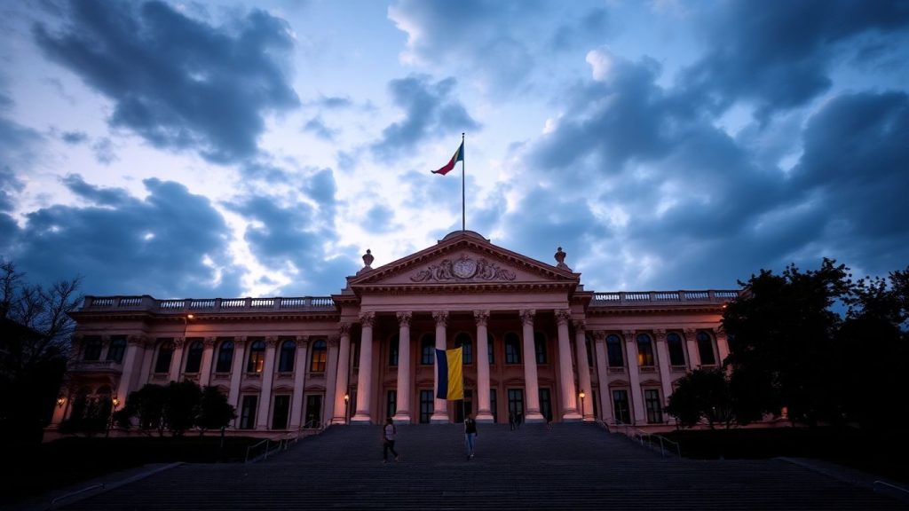 Parlamentul României la apus, oameni pe trepte, steag.